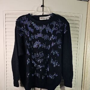 Vintage Sweater Silk Angora By Diana Marco Black With Multicolor Sequins Size 38